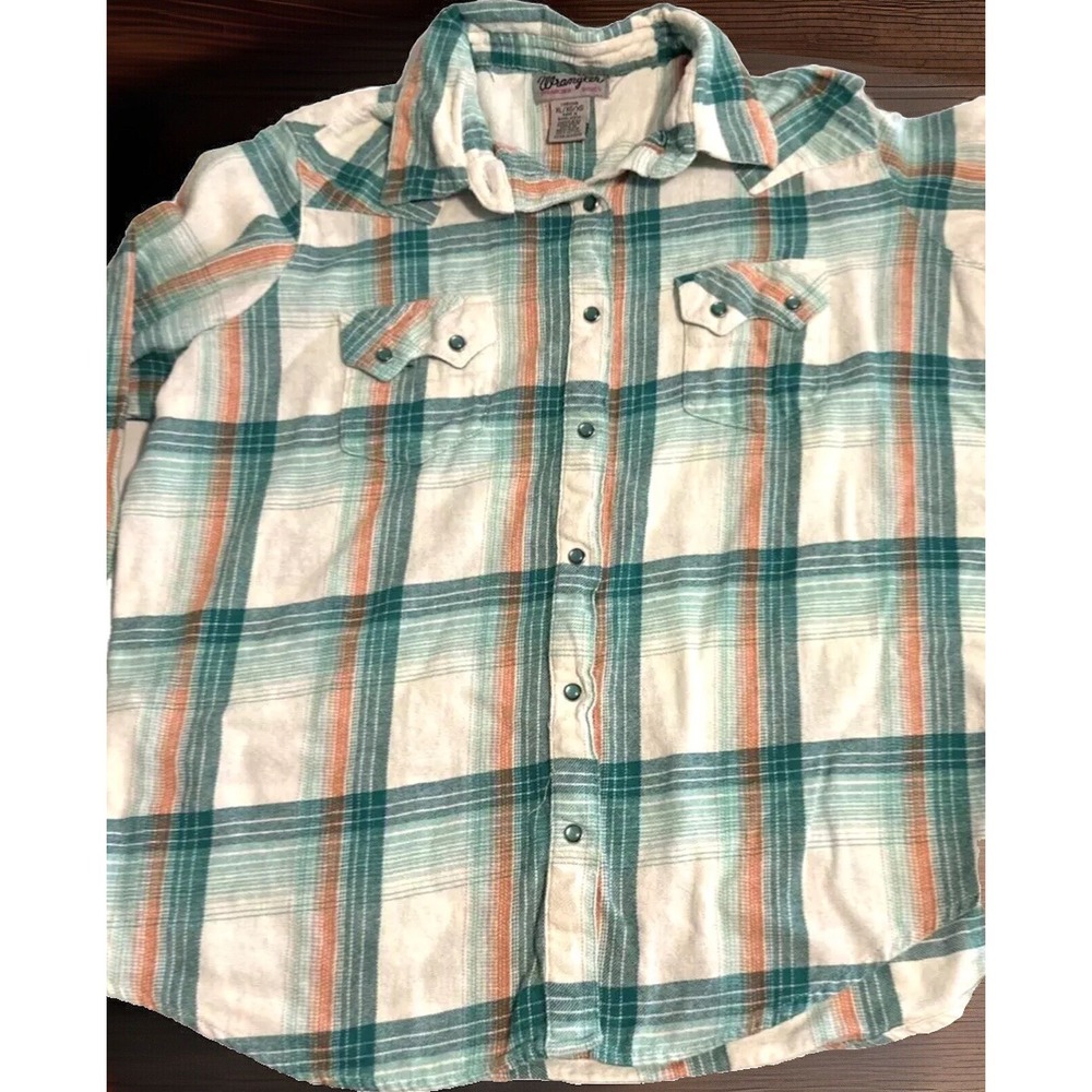 Wrangler Wrancher Shirt Women's‎ Sz XL Plaid Teal Long Sleeve Pearl Snap Western